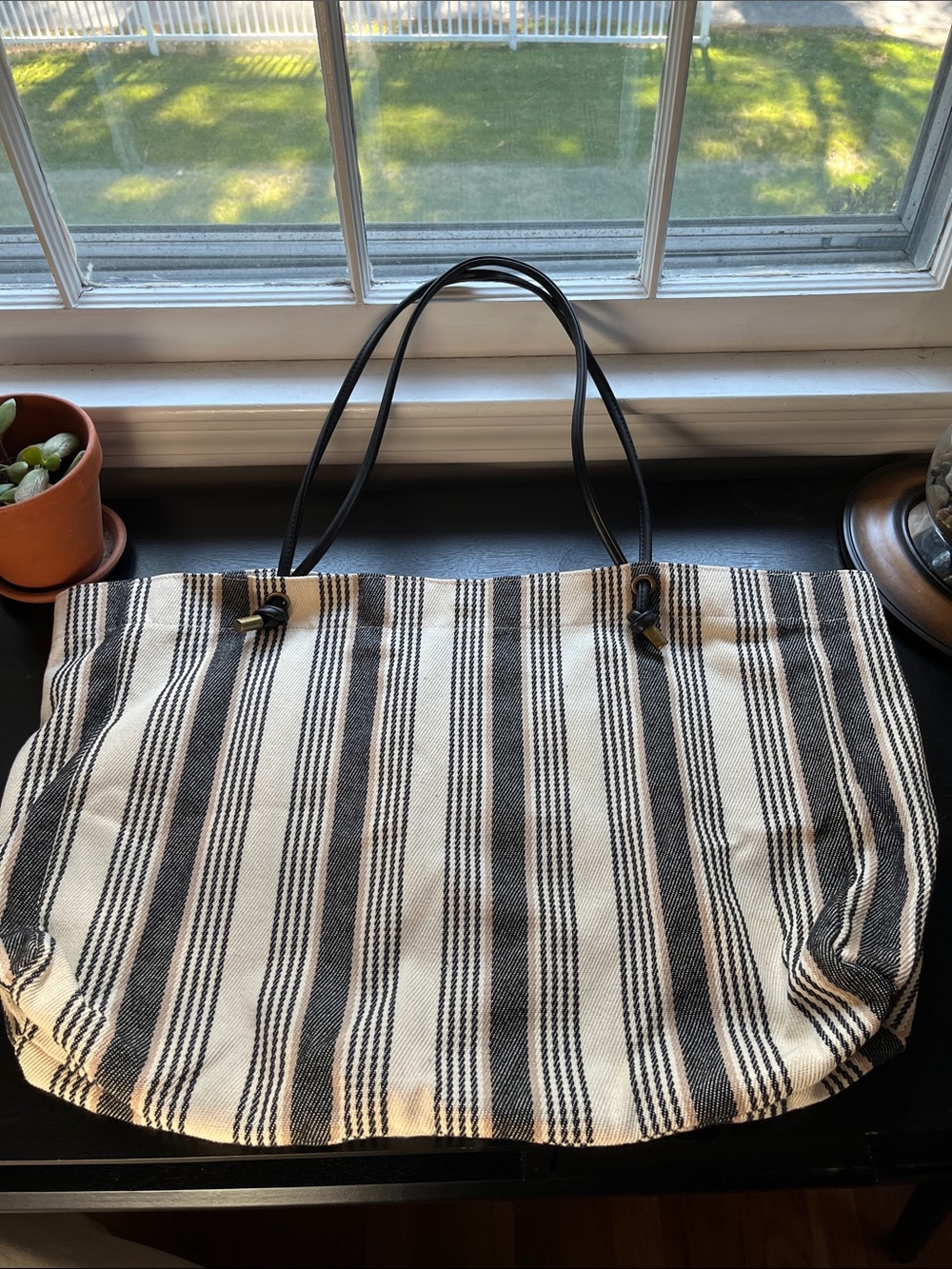 Z Supply Black and Cream Striped Canvas Tote with Black Handles
